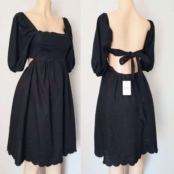 NEW O.P.T. Black April Dress Scalloped Open Back Cutout Dress S Puff Sleeve $179 - Picture 11 of 16